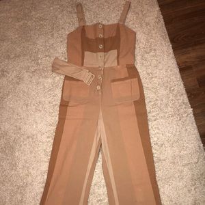 Free people button down tan jumpsuit with belt